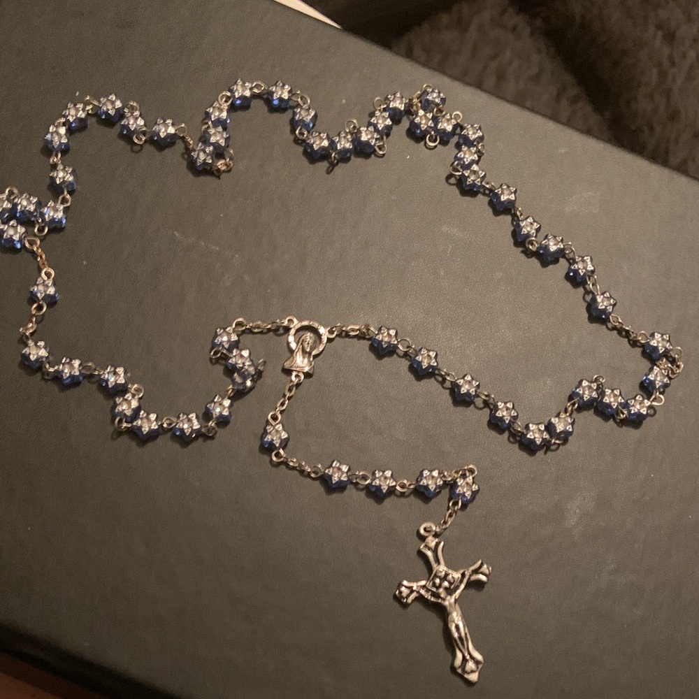 Elegant Blue and Silver Rosary Necklace
